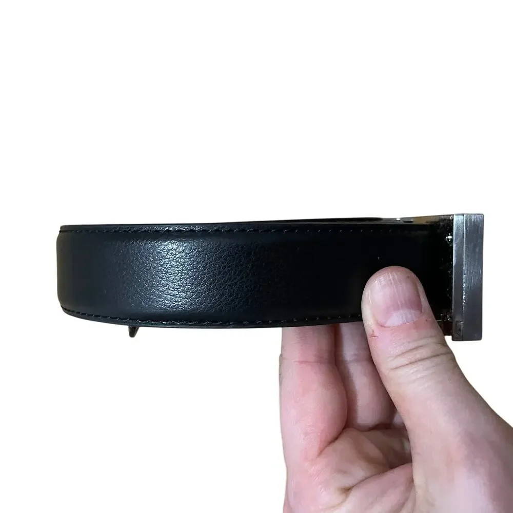 Mens Black Leather Ratchet Belt‎ Brushed Silver Rectangular Buckle 50in L 1in W